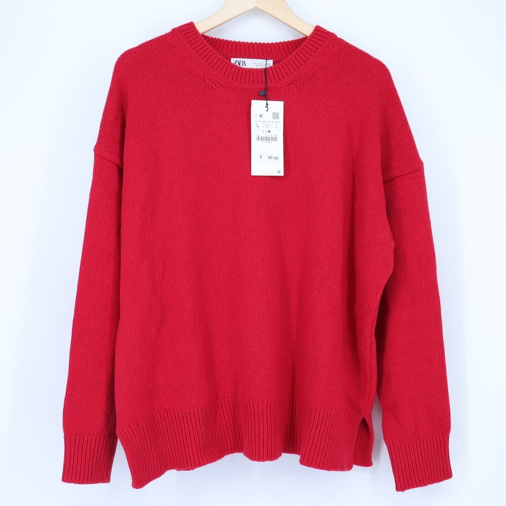 Zara Wool Pullover Sweater Red NWT Oversized Crew Neck Long Sleeve Women's L